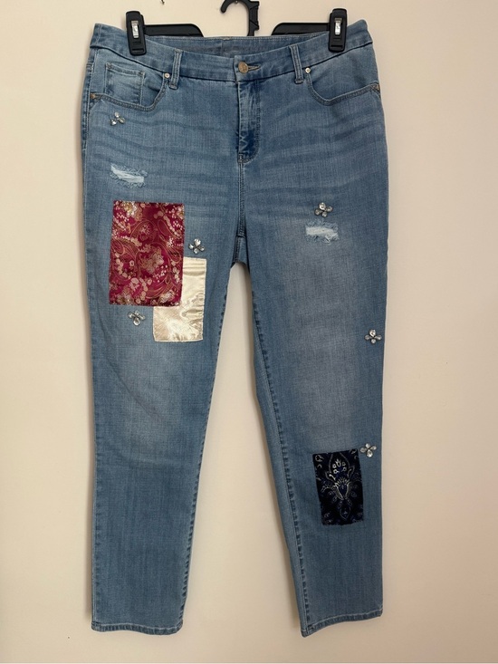 Chico's Denim - Chico’s So Slimming Girlfriend Slim Leg Ankle Jeans 12 2R Patchwork Embellished